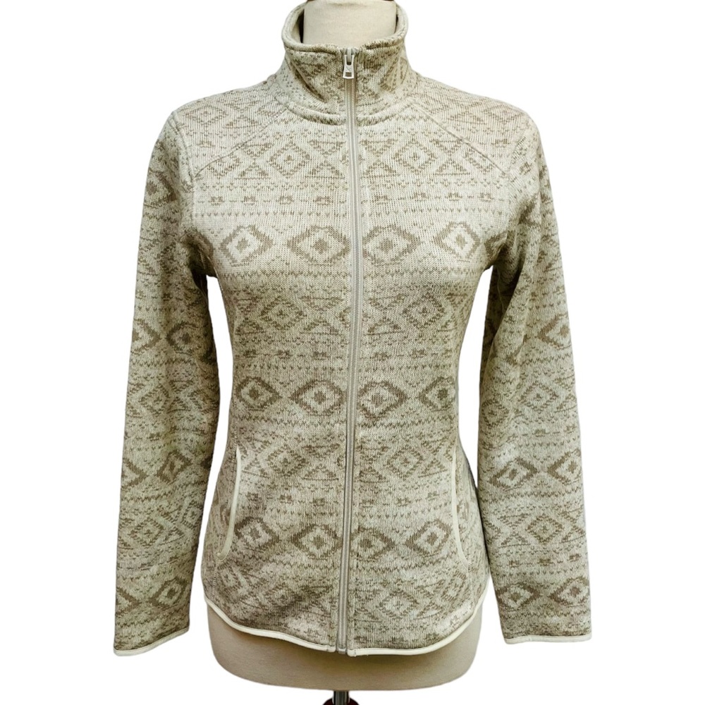 Eddie Bauer Full Zip Aztec Print Cream Tan Jacket Coat Pockets Women's Small